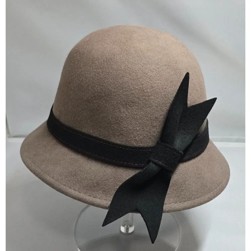 Brown Wool Cloche Hat With Black Ribbon & Bow Accent For Women